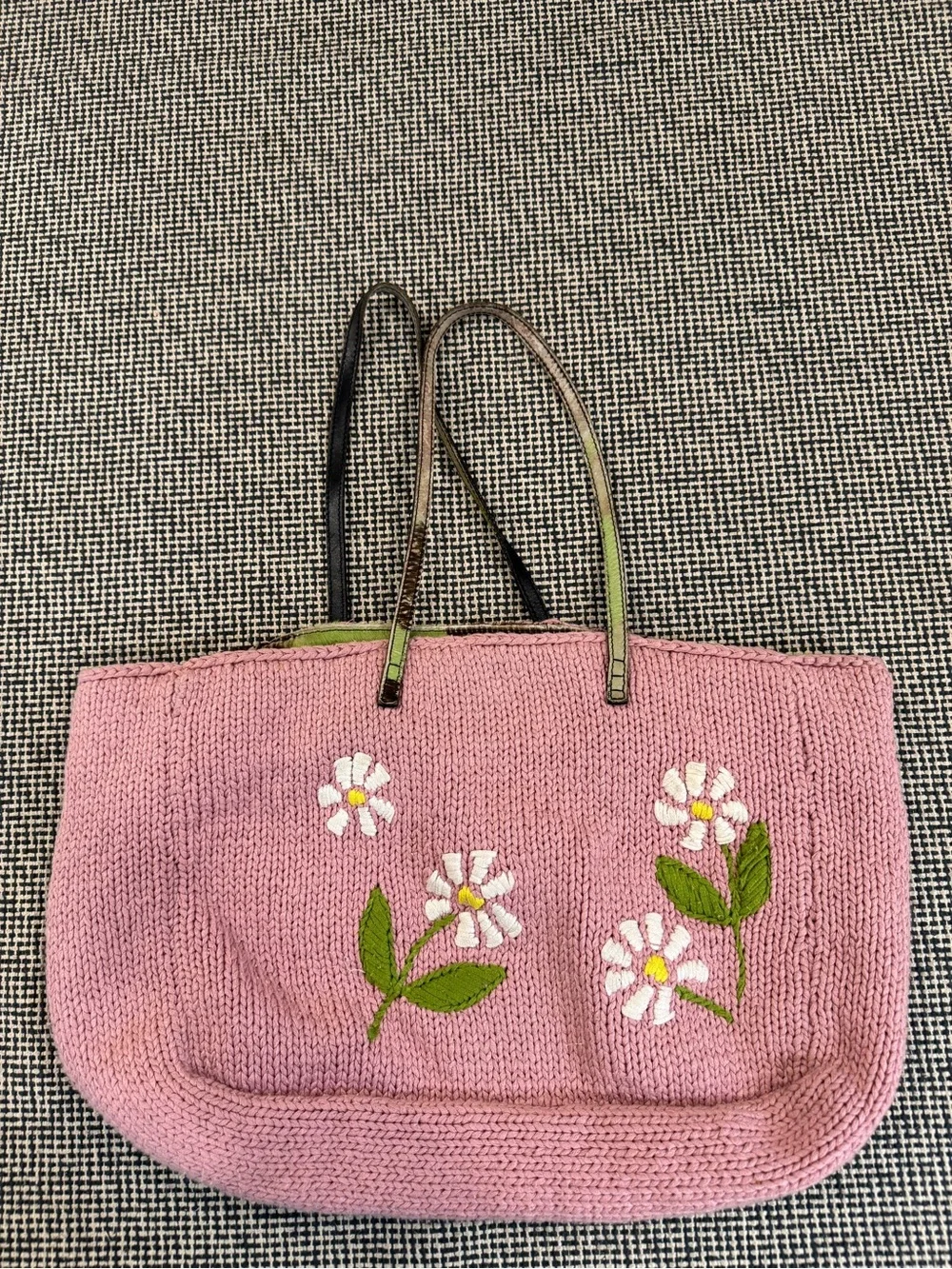 Authentic Vintage Fendi Pink Floral Knit Tote with Pony hair details